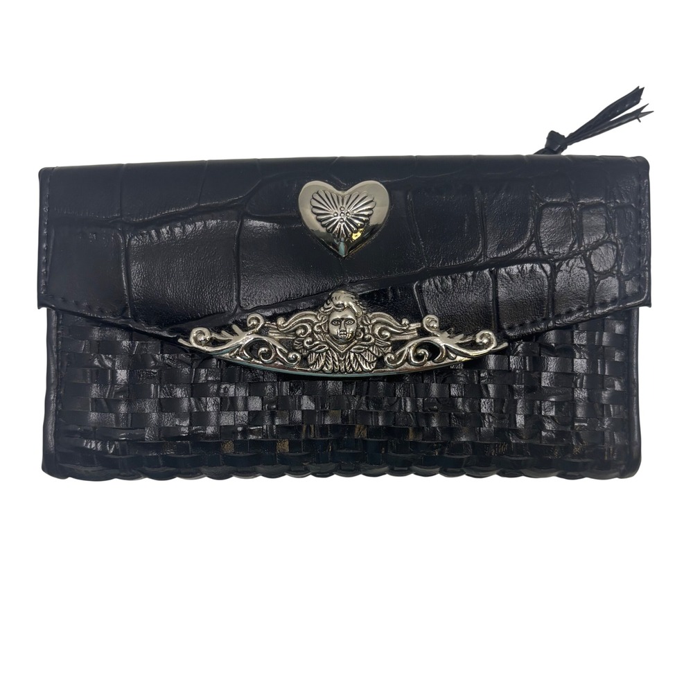 Vintage Black Faux Leather Woven Croc Wallet Cherub Heart Silver Hardware
